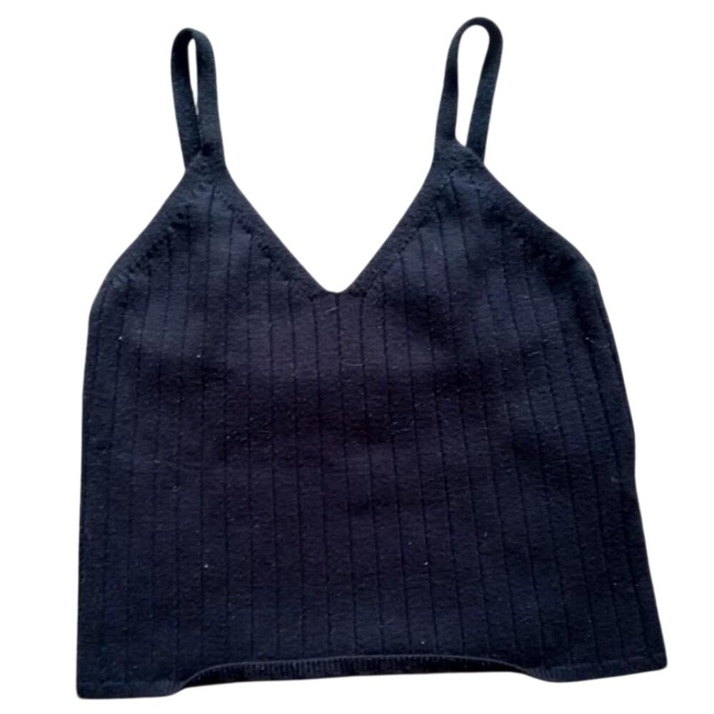 Abercrombie & Fitch Luxe Loft Ribbed Tank Top V Neck Cropped Black Size Small - Picture 2 of 6